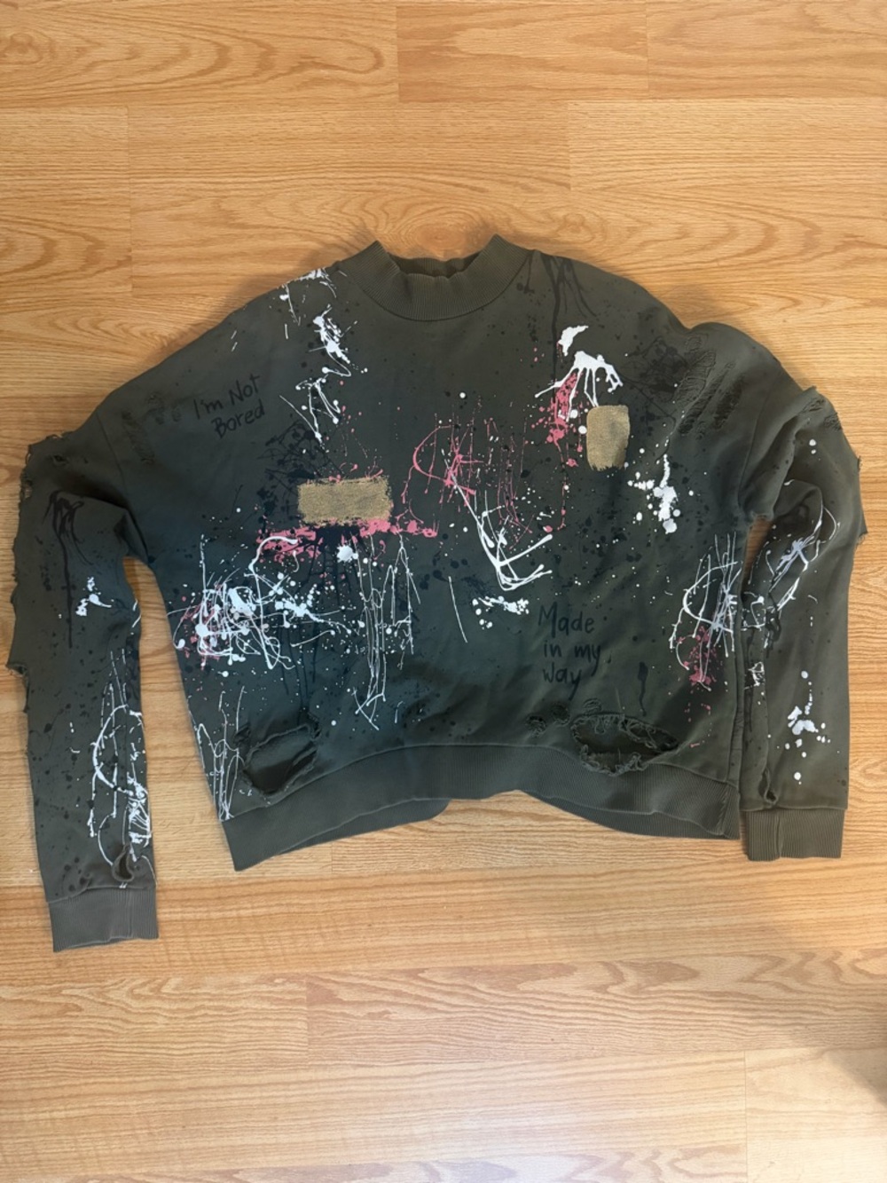 Zara Olive Green Distressed Paint-Splatter Sweatshirt